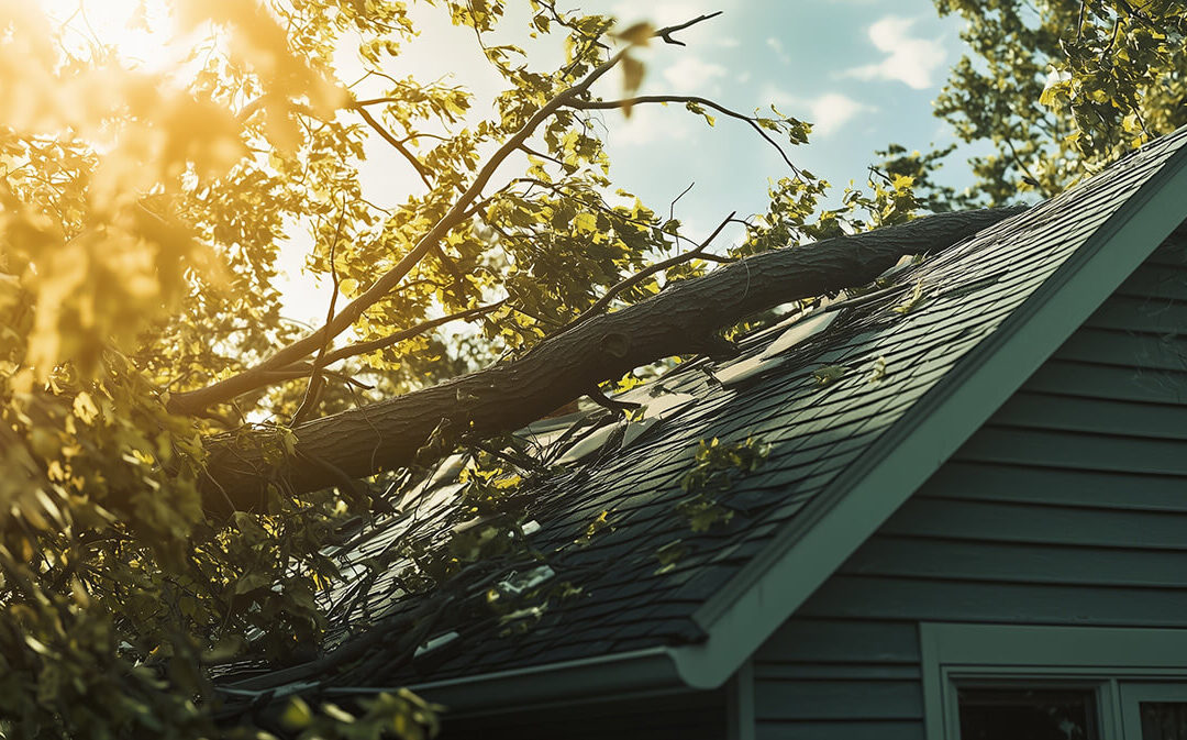 A fallen tree on a house roof after a hurricane